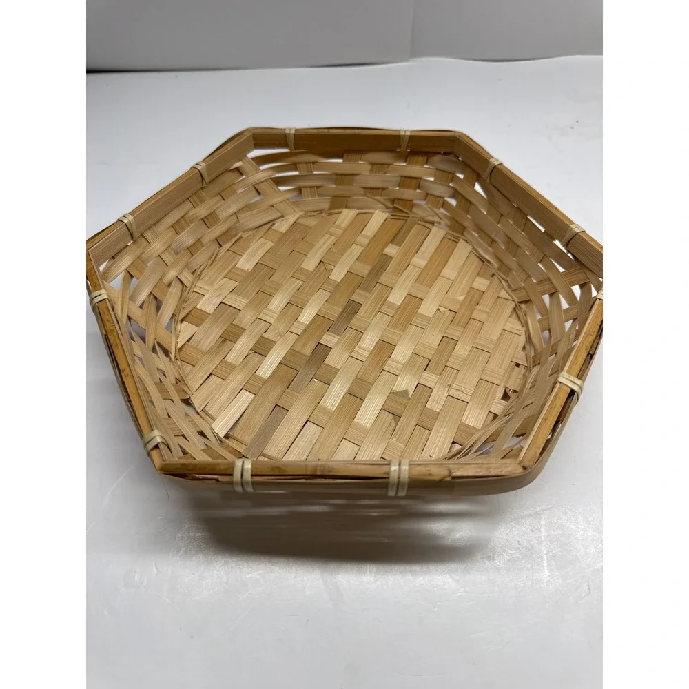 Natural Woven Bamboo Hexagon Basket Shallow Tray Boho Decor 10 Inch
